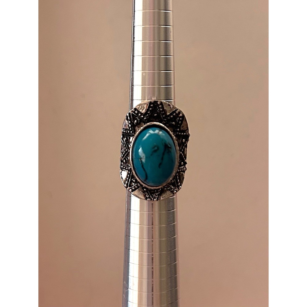 Silver Tone Oval Blue Turquoise Cabochon Bezel Cocktail Ring Size 8.5